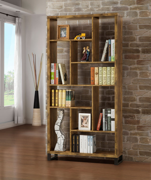 1pc Industrial Style Bookcase Ten Shelves Bookshelf Rustic Antique Nutmeg Black Metal Base Home Office
