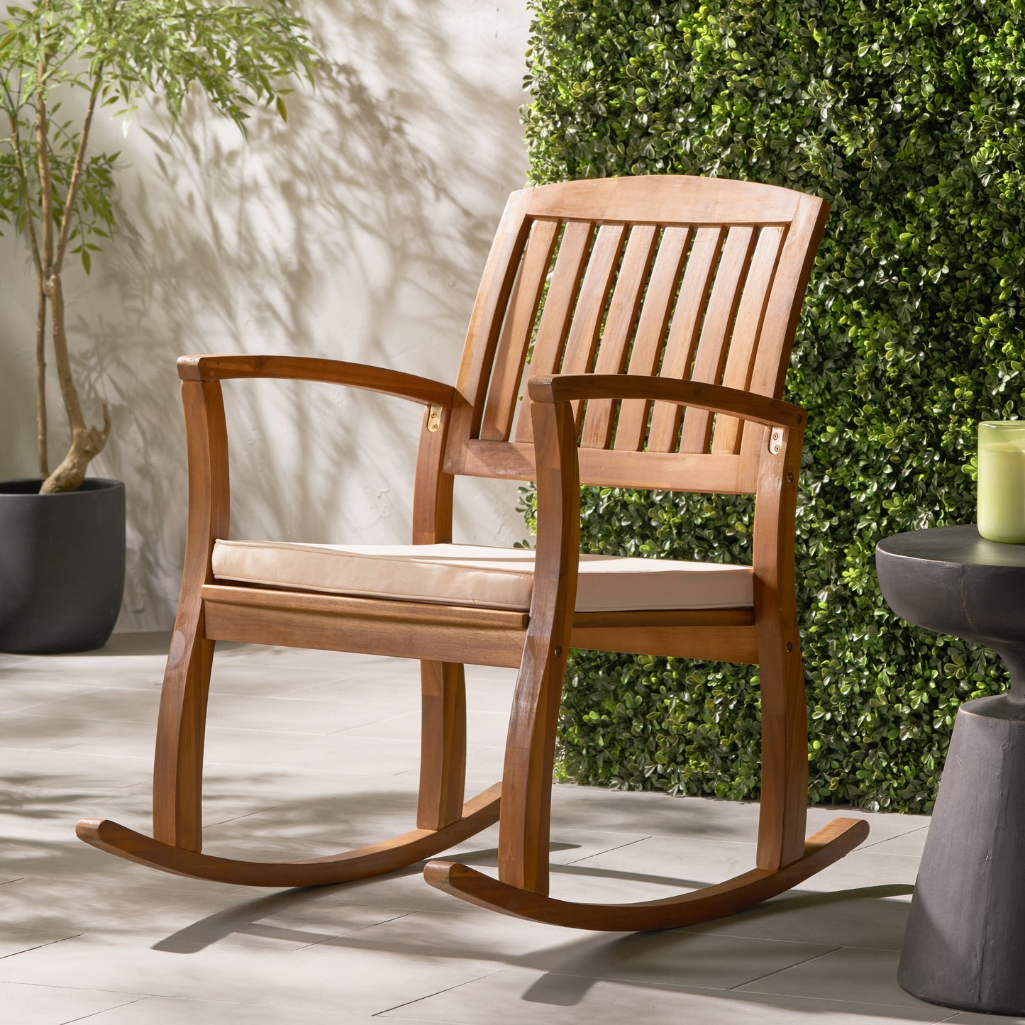 Acacia Wood Patio Outdoor Rocking Chair with cushions for Garden, Lawn, Backyard, Pool,