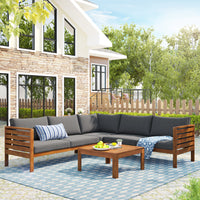 GO Wood Structure Outdoor Sofa Set with gray Cushions Exotic design Water-resistant and UV Protected texture High quality acacia wood Strong Metal Accessories