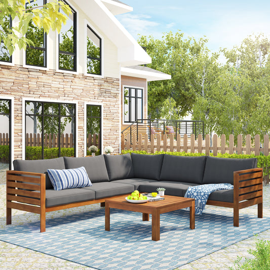 GO Wood Structure Outdoor Sofa Set with gray Cushions Exotic design Water-resistant and UV Protected texture High quality acacia wood Strong Metal Accessories