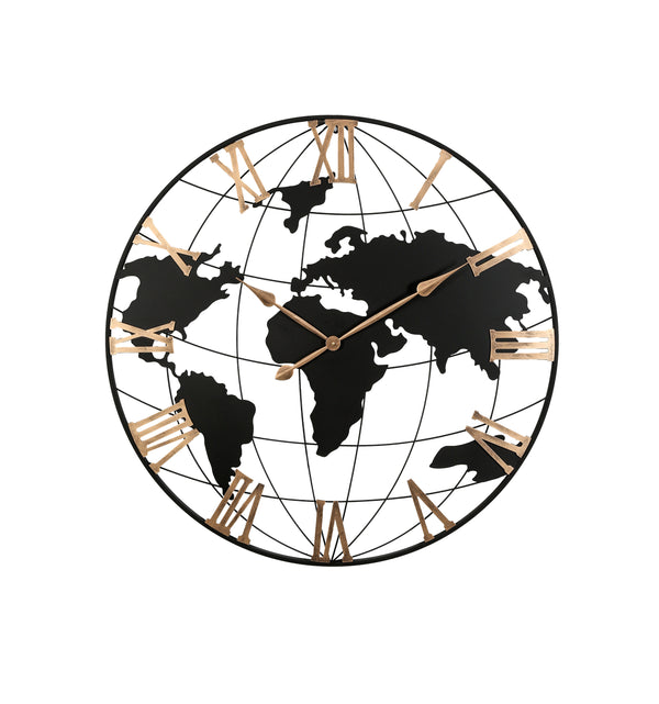 36 Inch Extra Giant Large Black Metal Wall Clock, Modern Silent World Map Wall Clock with Vintage Gold Roman Numeral, Decorative for Living Room, Entryway, Dinning Room, Bedroom