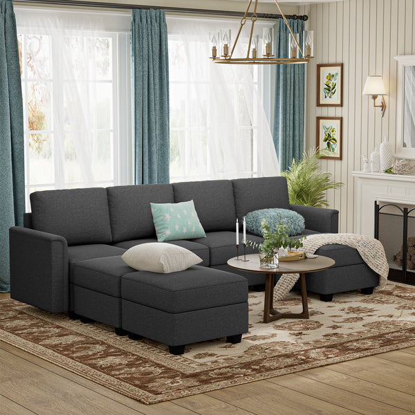 Modular Sectional Sofa, 4-Seat Sectional Couch with 3 Chaise Lounges, Convertible U Shaped Sofa Couch with with Storage, Comfy Modular Sofa Couch for Bedroom, Living Room, Office