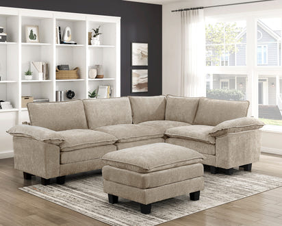 Modern Contemporary 5-Piece Modular Sectional Set with Ottoman Plush Comfort Taupe Chenille Upholstery Living Room Furniture Durable Plywood