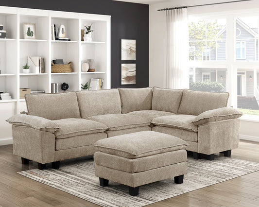 Modern Contemporary 5-Piece Modular Sectional Set with Ottoman Plush Comfort Taupe Chenille Upholstery Living Room Furniture Durable Plywood