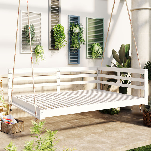 TOPMAX Acacia Wood Porch Swing Bed for Outdoor with Hemp Ropes - Full Size Patio Hanging Bed, 350lbs Capacity, Open-Side Minimalist Design for Patio, Backyard, Garden, White