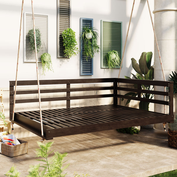 TOPMAX Acacia Wood Porch Swing Bed for Outdoor with Hemp Ropes - Full Size Patio Hanging Bed, 350lbs Capacity, Open-Side Minimalist Design for Patio, Backyard, Garden, Brown