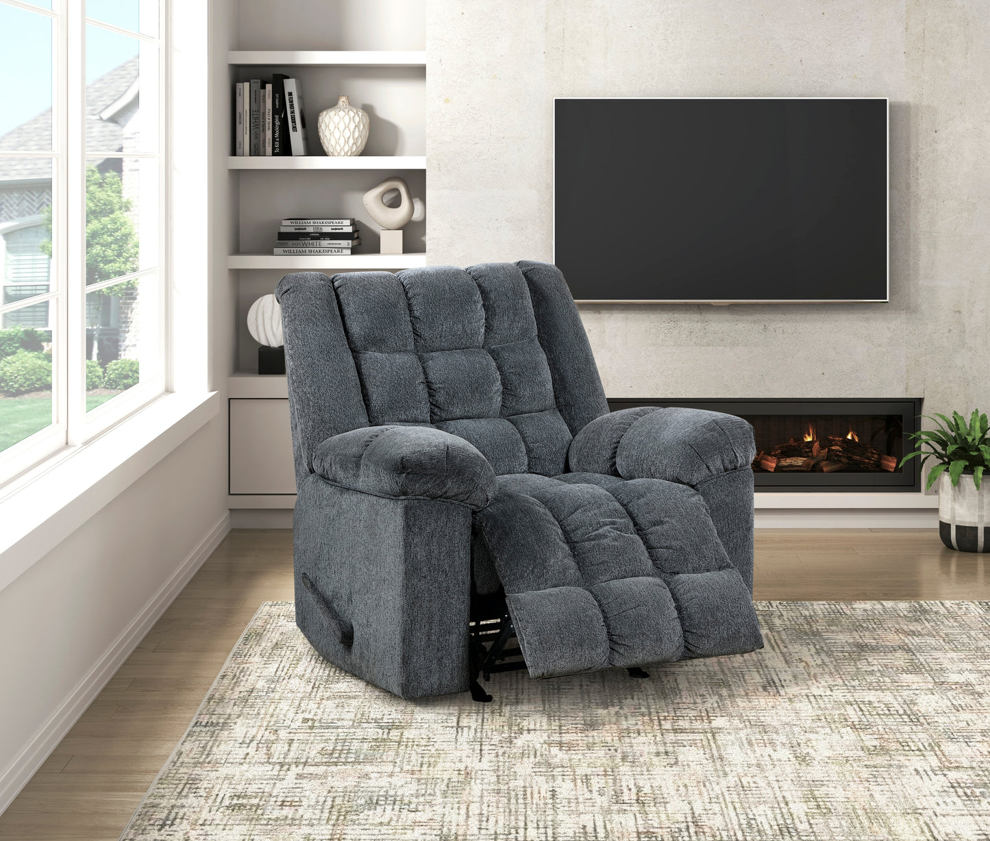Gentle Rocking Motion Reclining Chair 1pc Gray Chenille Upholstery Ultra Comfort Living Room Furniture