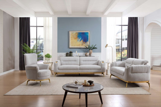 Zoe Modern style 3PC Living room set (Sofa + Loveseat + Chair) made with wood and Gold accents in Gray(NJ Warehouse inventory)