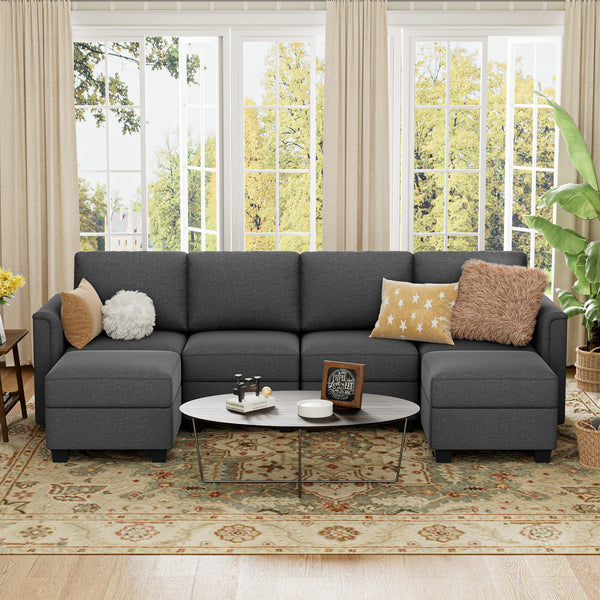 Modern 4-Seater Sofa with Double Chaise and Straight Armrests, Convertible U Shaped Sofa Couch with Storage, Comfy Modular Sofa Couch for Bedroom, Living Room, Office