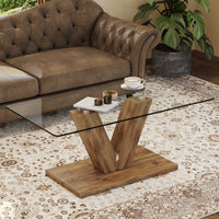 A modern minimalist style coffee table. Transparent tempered glass tabletop with wooden MDF columns. Suitable for living room and dining room. W1151P149688.