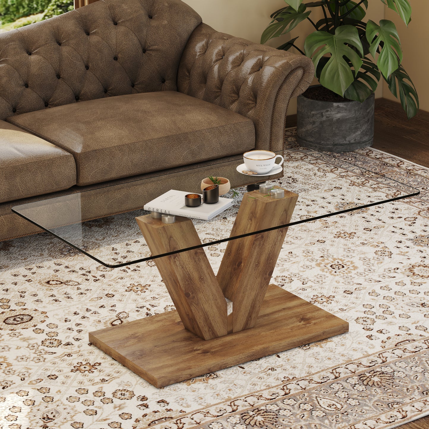 A modern minimalist style coffee table. Transparent tempered glass tabletop with wooden MDF columns. Suitable for living room and dining room. W1151P149688.