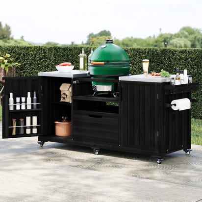 K&K 66.5' Outdoor Kitchen Island for Big Green Egg Grills, Solid Wood Outdoor Grill Cart for Tabletop Grill with Stainless Steel Top, Drawer, Compatible with Large Big Green Egg, Kamado Joe- Black