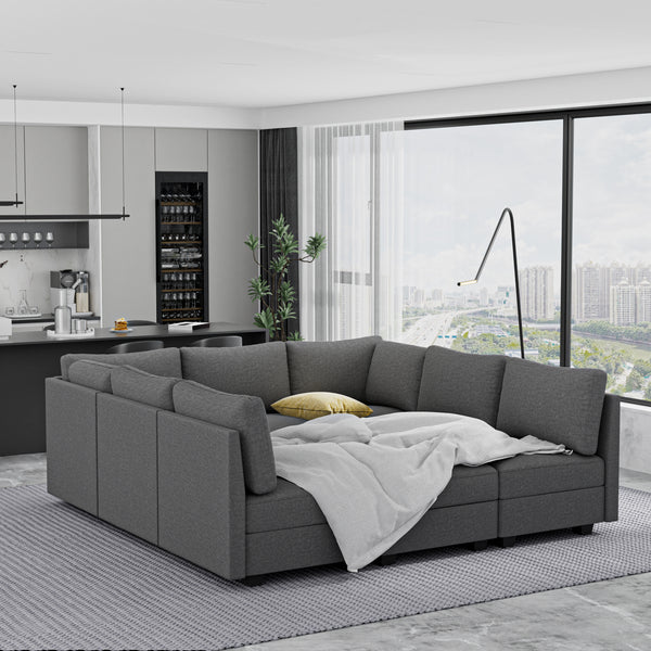 Modern 9-Seater Armless Linen Sectional Sofa, Convertible U Shaped Sofa Couch with with Storage, Comfy Modular Sofa Couch for Bedroom, Living Room, Office