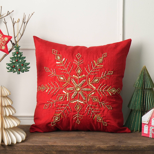 Golden Bead Embroidered Snowflake Cushion - 18 X 18 Inch