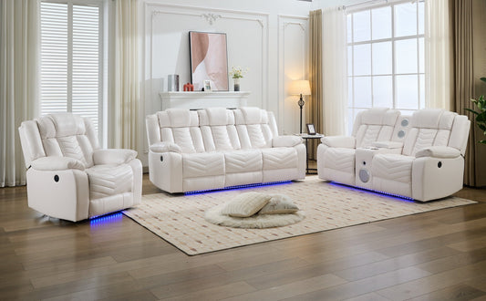 Manual M073 321 3 Pieces Power Reclining Sofa Sets,Technical leather Power reclining Loveseat Power recliner w/ wireless charger / LED strip for Living Room,White