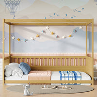 Full Size Canopy Bed Frame with Guardrails for Kids,Floor Bed Full with Four Poster Design,Kids Montessori Floor Bed,Wood Canopy Bed Frame for Girls,Boys(Full,Natural)