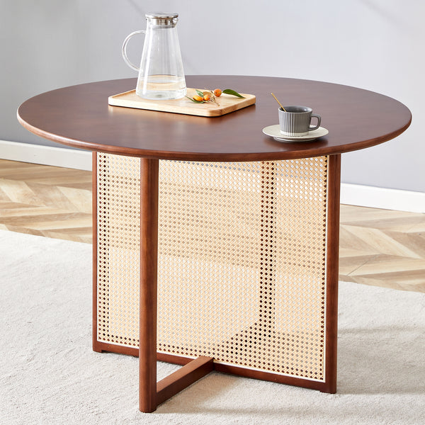 Chinese countryside retro walnut solid wood round table, simple modern imitation rattan table, wooden table, desk. Suitable for dining room, living room, office .W1151P154828
