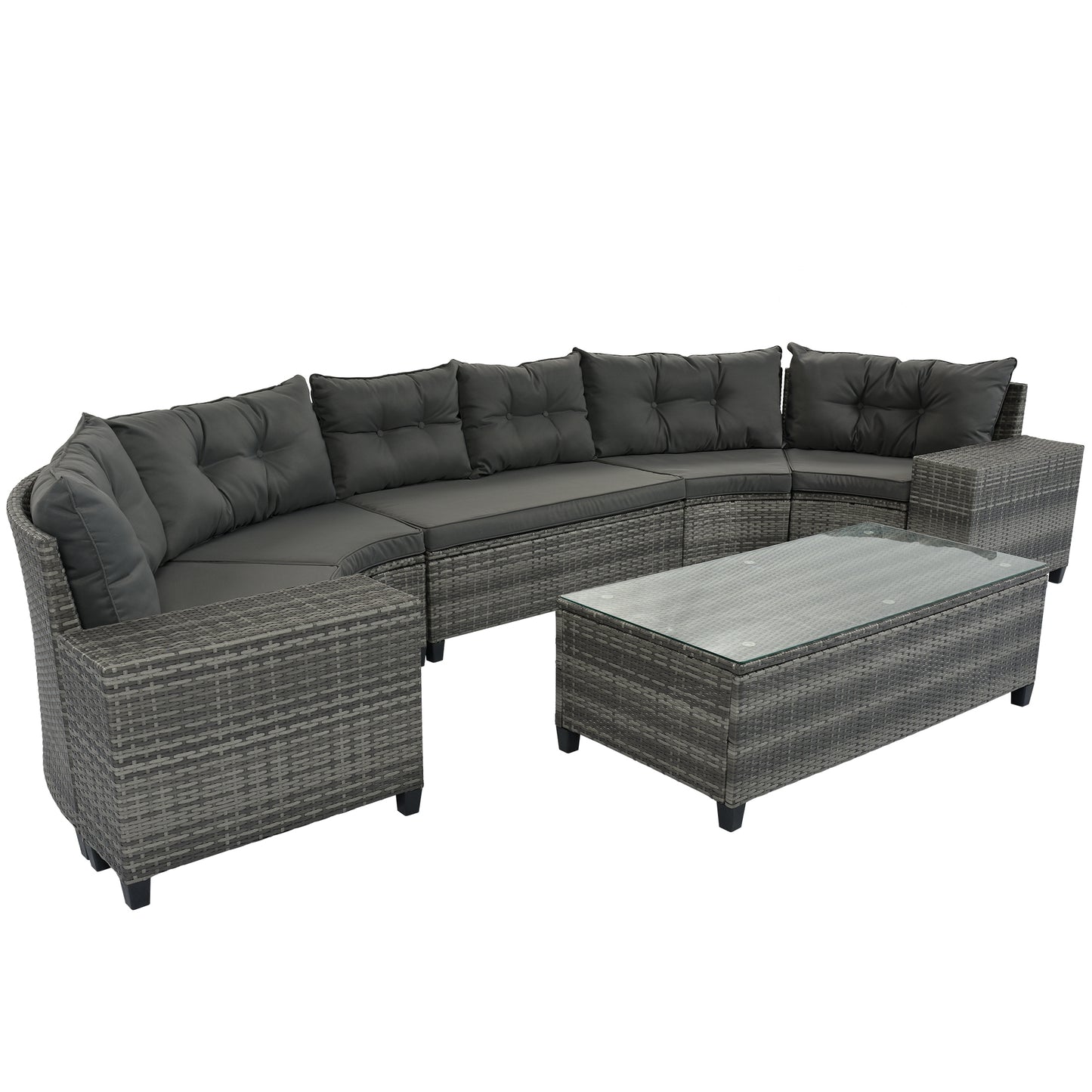 GO 8-pieces Outdoor Wicker Round Sofa Set, Half-Moon Sectional with Rectangular Coffee Table, Gray Rattan, Water-resistant and UV Protected