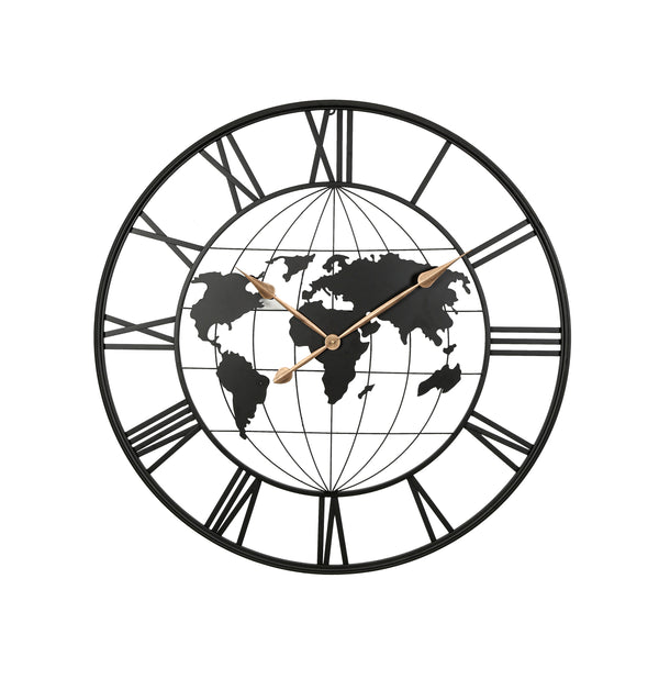 36 Inch Large Black Metal Wall Clock, Modern Silent World Map Wall Clock with Gold Pointers, Decorative for Living Room, Entryway, Dinning Room, Bedroom