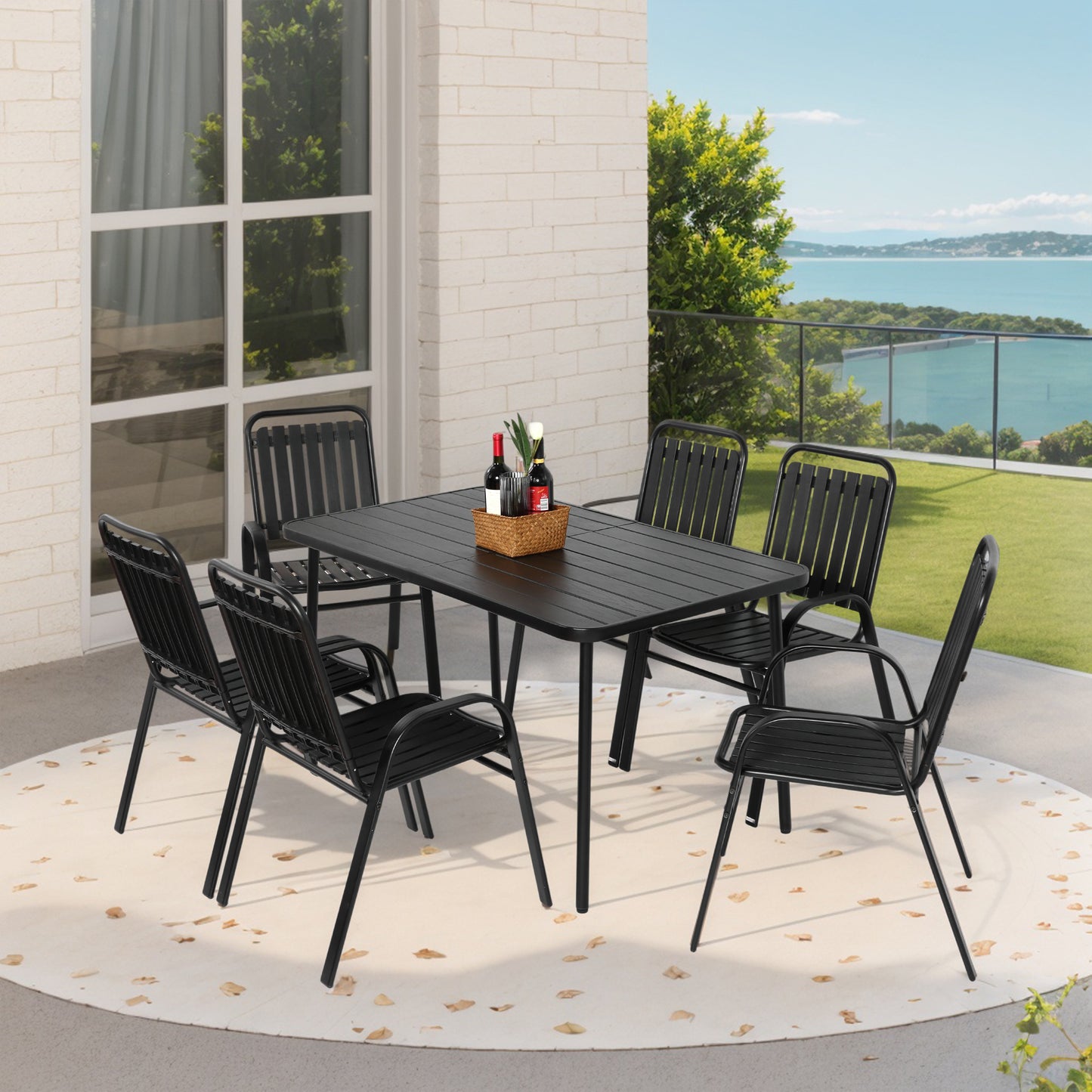 7 Pieces Patio Dining Set, Plastic chair and steel table Outdoor Set, plastic Chairs and Table Set for Garden Patio, Black