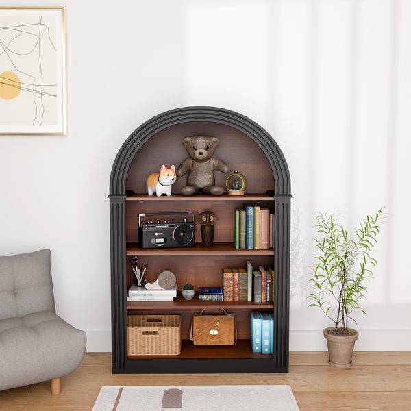 Bookcase, 4-Shelf Tall Bookshelf, 45.66' Wood Open Display Floor Arched Bookcase, Large Storage Organizer for Library, Bedroom, and Living Room (Black)