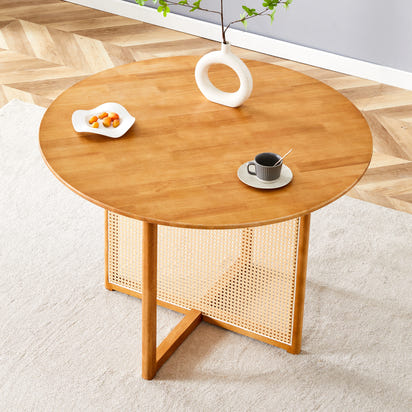Chinese countryside retro solid wood round table, simple modern imitation rattan table, wooden table, desk. Suitable for dining room, living room, office .W1151P154825
