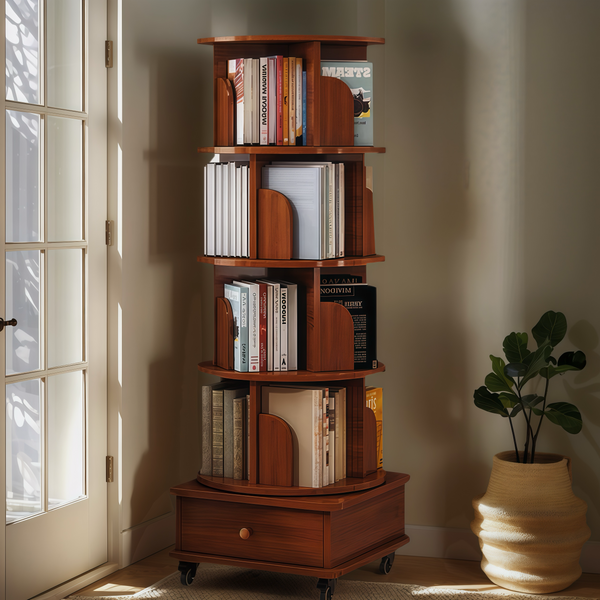 Rotating Bookshelf with Drawer, 360 Display 5 Tier Corner Bookshelf for Small Space, Floor Standing Bookcase Storage Rack, Wood Narrow Book Shelf Organizer for Bedroom, Living Room (WALNUT)