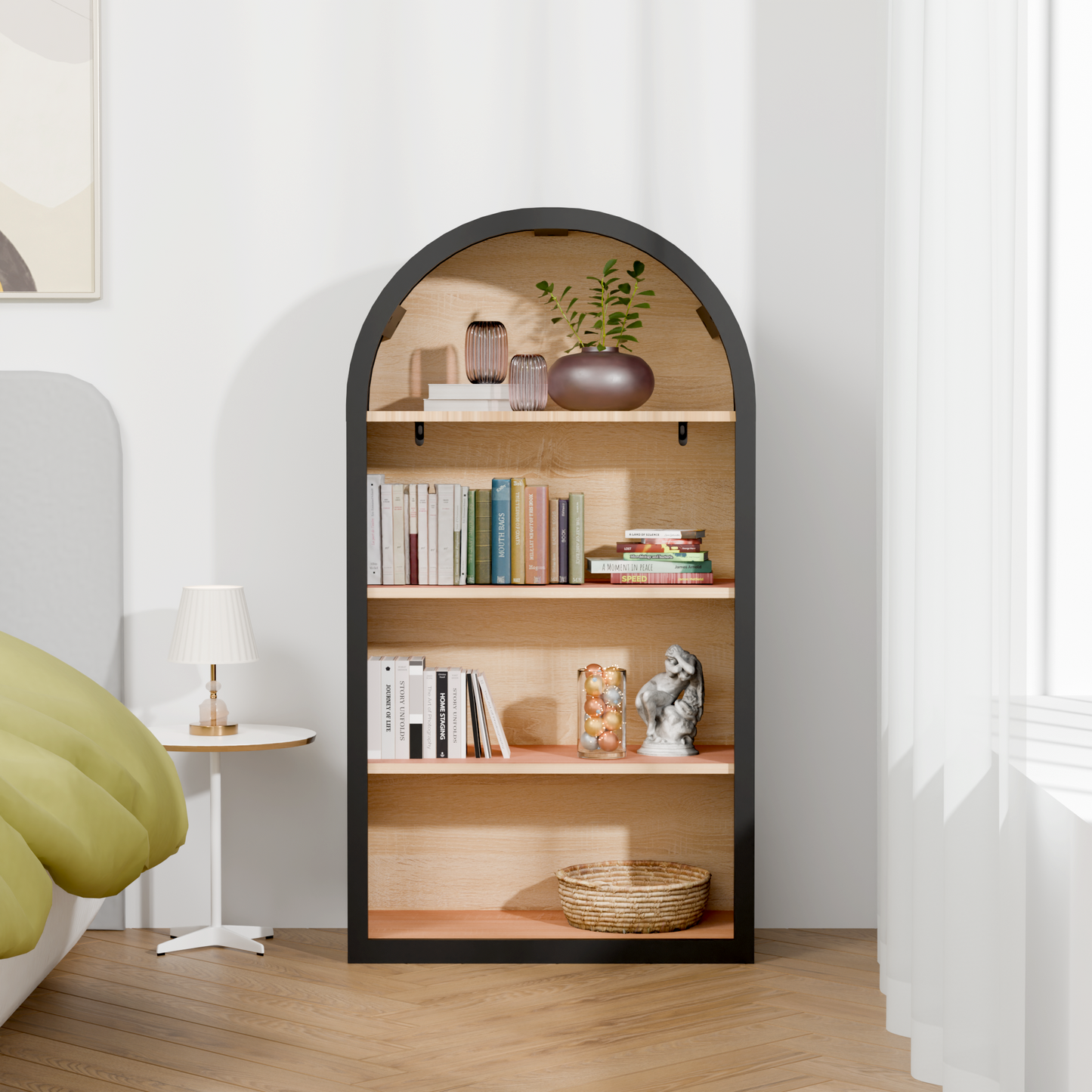 4-Tier Black Arched Bookshelf, 43' Tall Arched Bookcase with Storage Shelves