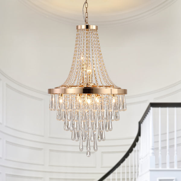 (Same as W1340102274/L5004) 20' Modern Crystal Pendant Chandelier with Golden Finish – Elegant 11-Light Hanging Light Fixture Tiered Design for Dining Room, Living Room, or Entryway (No Bulbs)