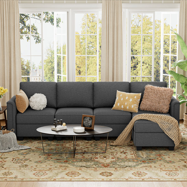 Modular 4-Seater Sectional Sofa with Chaise Lounge, Convertible L Shaped Sofa Couch with Storage, Comfy Modular Sofa Couch for Bedroom, Living Room, Office