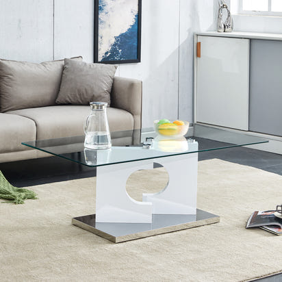 A rectangular modern and fashionable coffee table with tempered glass tabletop and white MDF legs. Suitable for living room.47.2'*25.5'*18'.Modern Simple Style Rectangular Coffee Table.