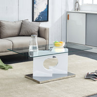 A rectangular modern and fashionable coffee table with tempered glass tabletop and white MDF legs. Suitable for living room.47.2'*25.5'*18'.Modern Simple Style Rectangular Coffee Table.