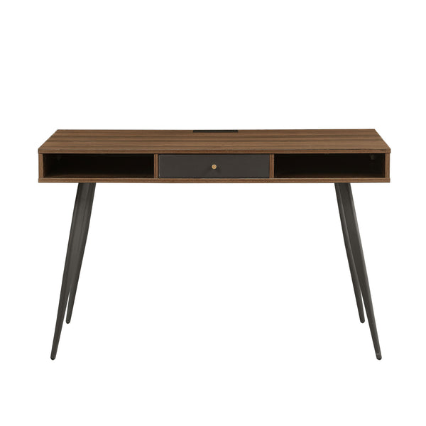 Mid Century Desk with USB Ports and Power Outlet, Modern Writing Study Desk with Drawers, Multifunctional Home Office Computer Desk Walnut