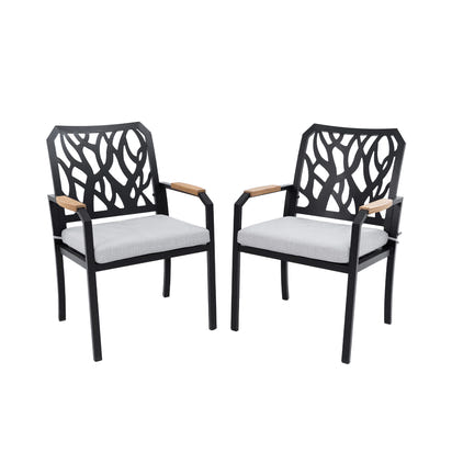 Outdoor Patio K/D Aluminum Stationary Dining Chairs 2PCs with Outdoor-Grade Sunbrella Fabric Cushions, Branch-Like Backrest, FSC-Certified Wood Armrests, Bourbon Brown