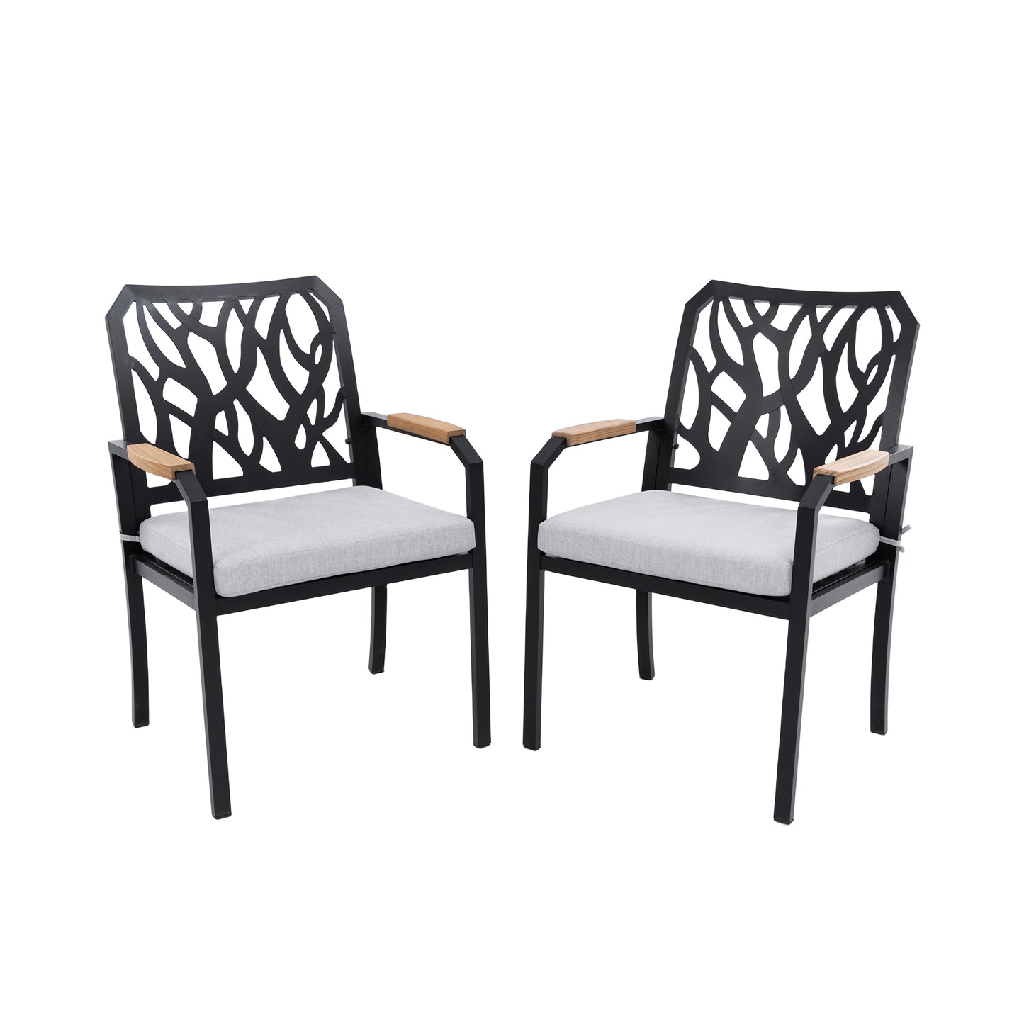 Outdoor Patio K/D Aluminum Stationary Dining Chairs 2PCs with Outdoor-Grade Sunbrella Fabric Cushions, Branch-Like Backrest, FSC-Certified Wood Armrests, Bourbon Brown