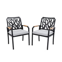 Outdoor Patio K/D Aluminum Stationary Dining Chairs 2PCs with Outdoor-Grade Sunbrella Fabric Cushions, Branch-Like Backrest, FSC-Certified Wood Armrests, Bourbon Brown