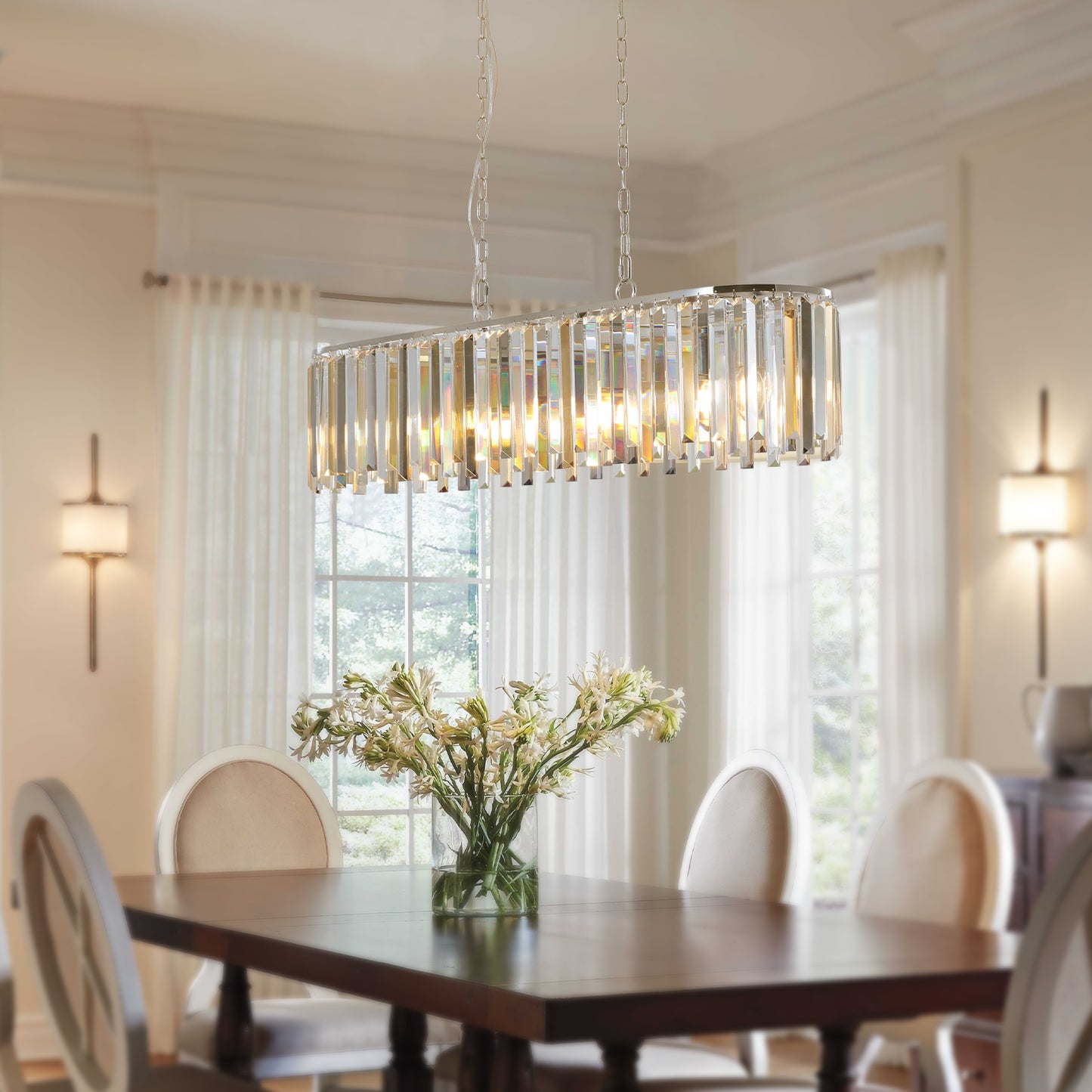 (NEW SKU:W1340P189407) 39' Modern Crystal Rectangle Pendant Chandelier with Chrome Finish – Elegant Light Fixture for Living Room, Dining Room, or Kitchen (Bulb Not Included)