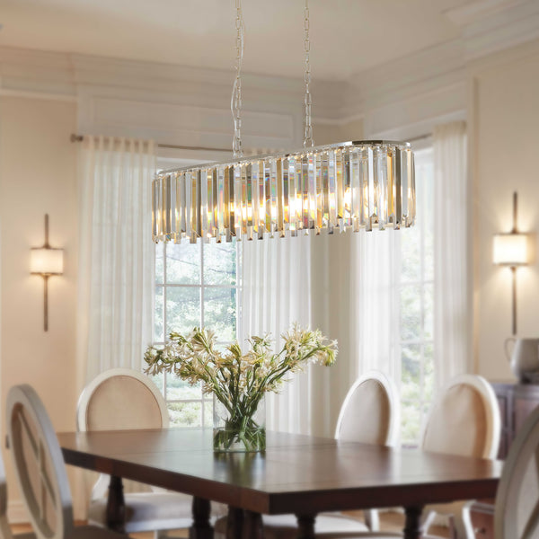 (NEW SKU:W1340P189407) 39' Modern Crystal Rectangle Pendant Chandelier with Chrome Finish – Elegant Light Fixture for Living Room, Dining Room, or Kitchen (Bulb Not Included)