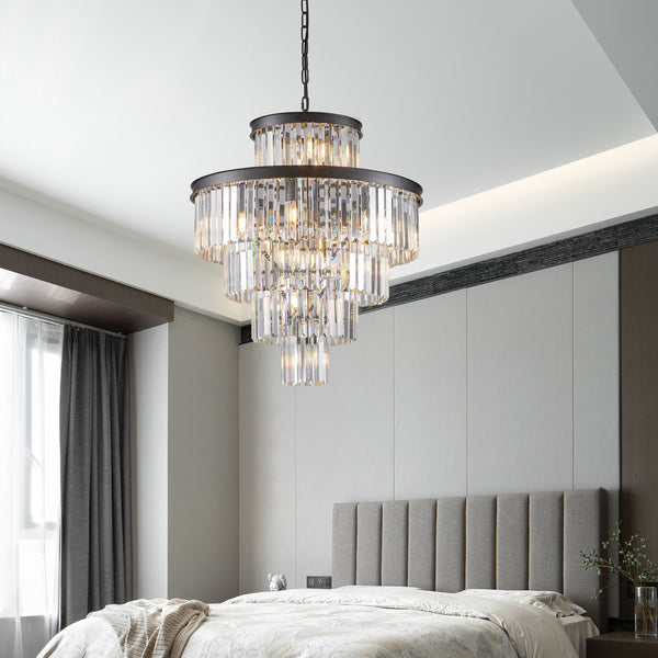 24' Luxury Crystal Chandelier with Black Finish – Elegant 15-Light 5 Tier Pendant Light Fixture for Living Room, Dining Room, or Entryway (Bulb Not Included)