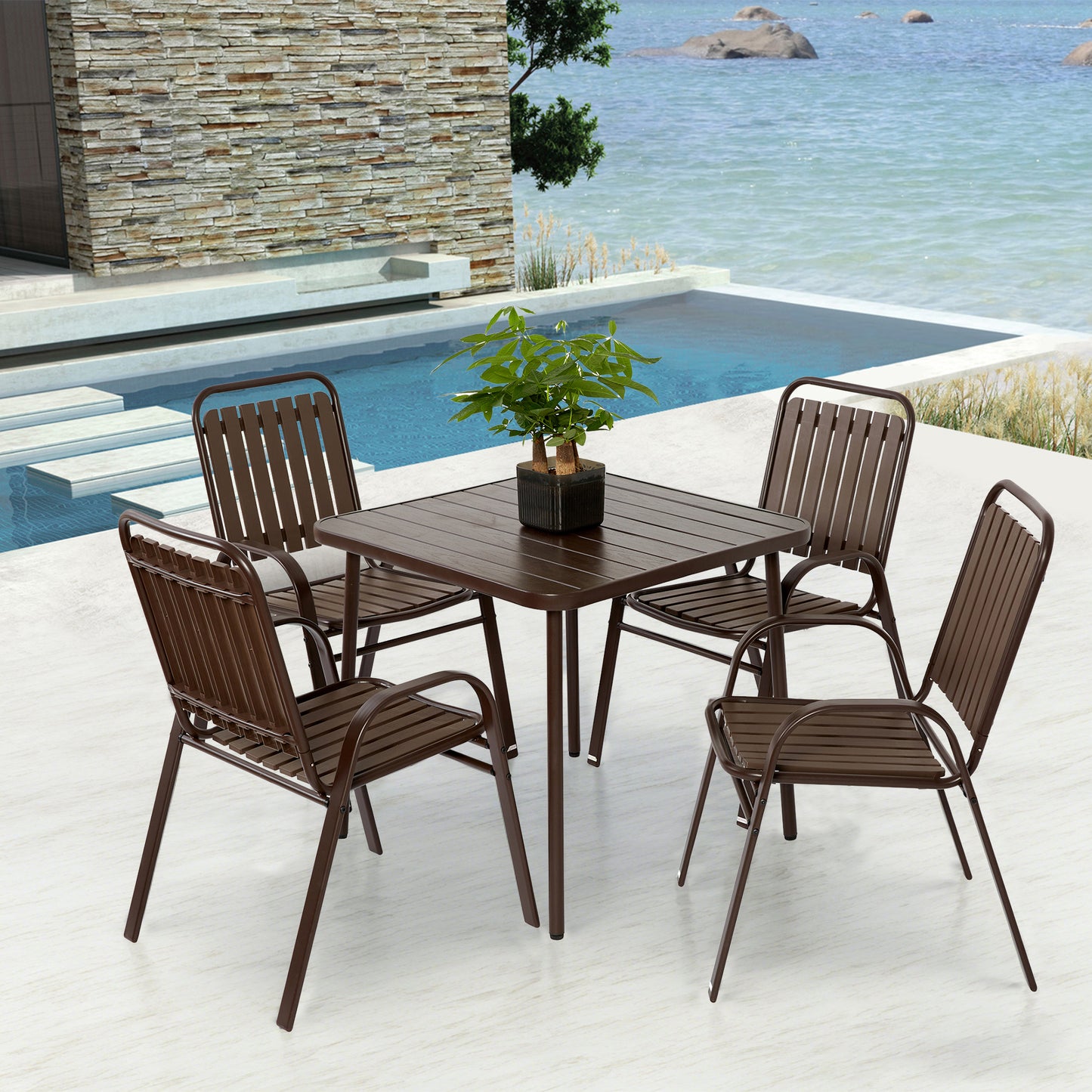 5-Piece Plastic chair and steel table Outdoor Dining Set, plastic Chairs and Table Set for Garden Patio, Brown
