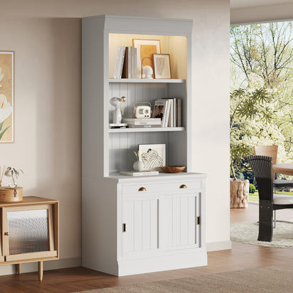 83.4'Tall Bookshelf with LED Lighting, Modern Bookcase with Sliding Doors and Open Shelves,Storage Bookshelf for Living Room,Home Office,White