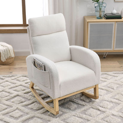 [Video] Welike 27.6'W Modern Accent High Backrest Living Room Lounge Arm Rocking Chair, Two Side Pocket ,Teddy White (Ivory)