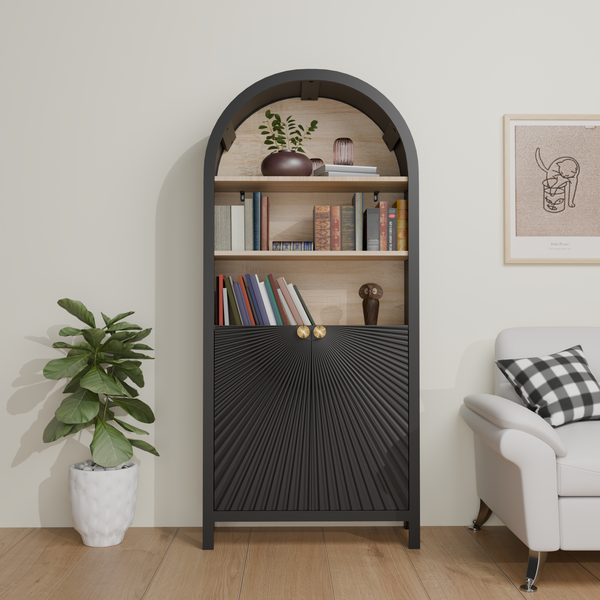 61' Tall Arched Cabinets,Bookcase with storage,Mid-Century Modern 5-Tier Bookshelf with Door,Black