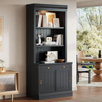 83.4'Tall Bookshelf with LED Lighting, Modern Bookcase with Sliding Doors and Open Shelves,Storage Bookshelf for Living Room,Home Office,Black