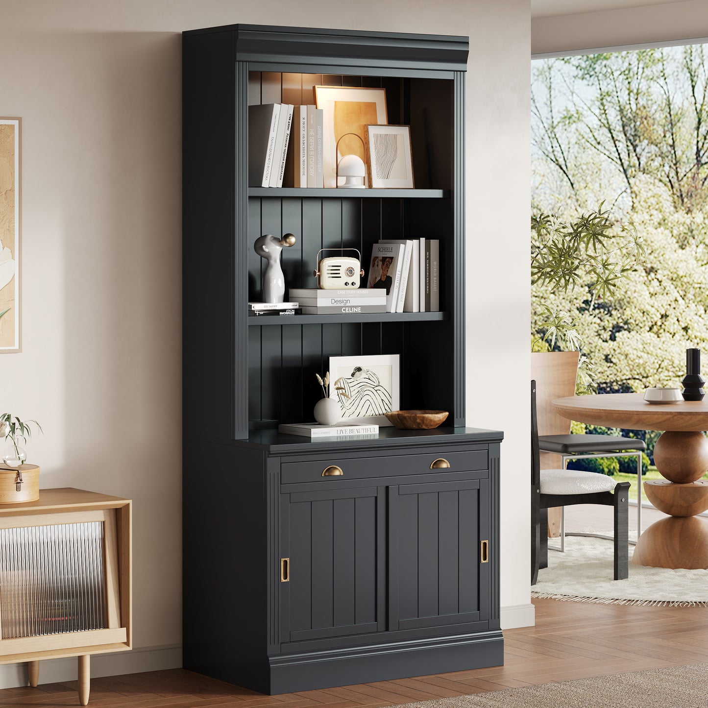 83.4'Tall Bookshelf with LED Lighting, Modern Bookcase with Sliding Doors and Open Shelves,Storage Bookshelf for Living Room,Home Office,Black