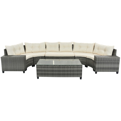 8-Piece Outdoor Wicker Round Sofa Set with Rectangular Coffee Table