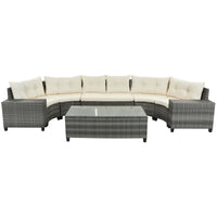 8-Piece Outdoor Wicker Round Sofa Set with Rectangular Coffee Table
