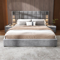 Upholstered King bed,with reading lamp and USB port, wide headboard,without bedside tables and mattress, velvet, grey