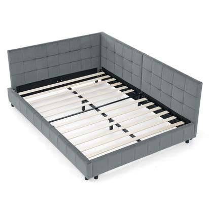 Velvet Grey Full Size Upholstered Tufted Bed Frame with Backrest and Armrests, 80.5''*59''*30.5''