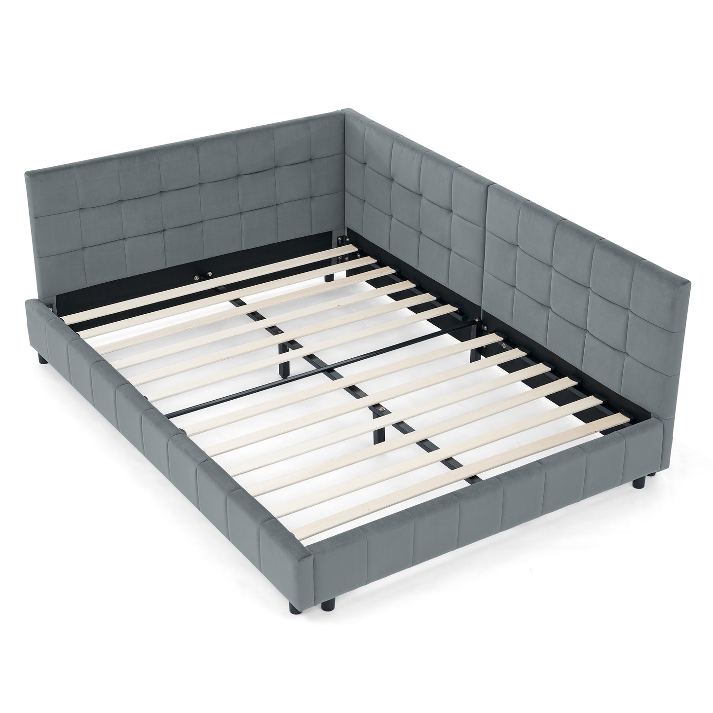 Velvet Grey Full Size Upholstered Tufted Bed Frame with Backrest and Armrests, 80.5''*59''*30.5''